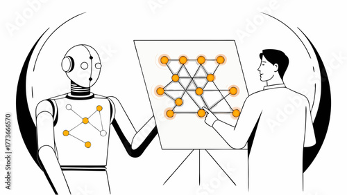 Human and robot collaborating on a neural network diagram illustrating artificial intelligence concepts