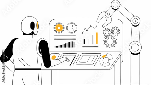 Robot interacting with advanced control panel displaying data charts and gears for automation and technology concepts