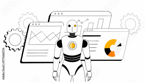 Futuristic robot analyzing data on screens with gears symbolizing automation and efficiency in technology