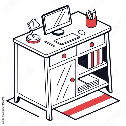 A practical modern flat vector illustration of a compact computer desk, perfect for small home offices or study areas in an apartment.