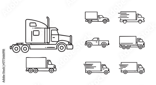 Line art illustration of two trucks isolated on white background