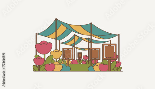 An outdoor garden setting filled with blooming florals wooden signage and fabric canopies that create an enchanting escape.