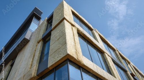 Building thermal insulation installation for facades using mineral wool in modern architecture during daylight hours