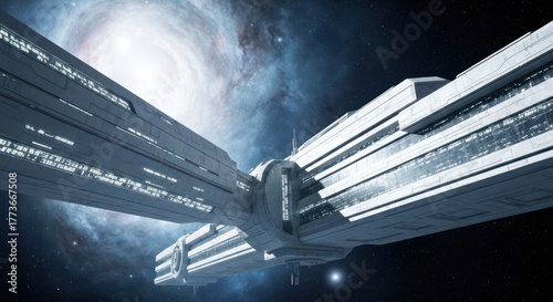 Fototapeta Naklejka Na Ścianę i Meble -  Futuristic, bright space station with nebula backdrop in a vast cosmic scene