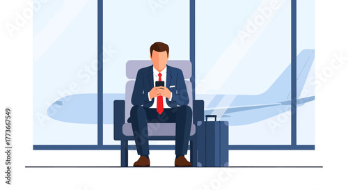 Successful businessman checking his phone in an airport lounge awaiting his flight ready for a business trip, modern design, travel lifestyle