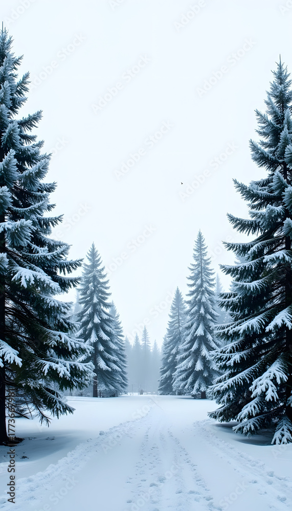Fototapeta premium Snowy winter forest with pine tree silhouettes, tranquil serenity