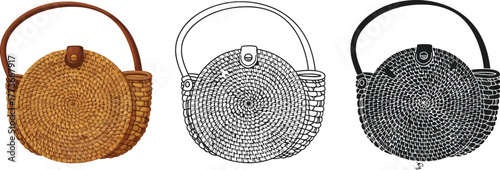 Round rattan bag straw bag summer bag fashion bag isolated set