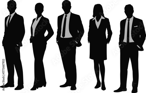 Silhouette business people group, professional team figures, corporate attire posture, office lifestyle concept, modern vector artwork, creative illustration, formal fashion design