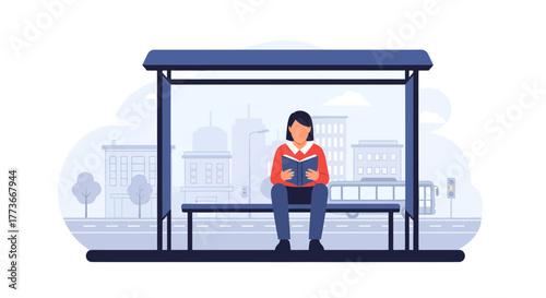 Young woman engrossed in reading a book while waiting at a modern city bus stop, embracing quiet contemplation amid urban bustle