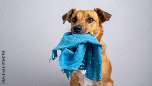 Brown dog holding crumpled blue cloth in its mouth, against a plain grey backdrop in a head-and-shoulders shot