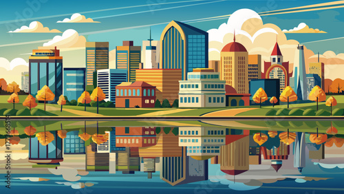 Very beautiful panoramic view of downtown Peoria, Illinois, USA, showcasing the city skyline along the lakefront, with reflections on the water and modern buildings under a clear sky.