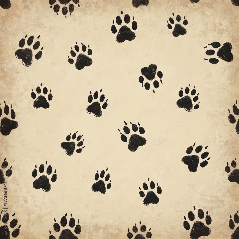 Fototapeta premium Black paw prints repeat on distressed beige textured background. Animal tracks create simple graphic seamless pattern. Used for fabric wallpaper decor and kid design.