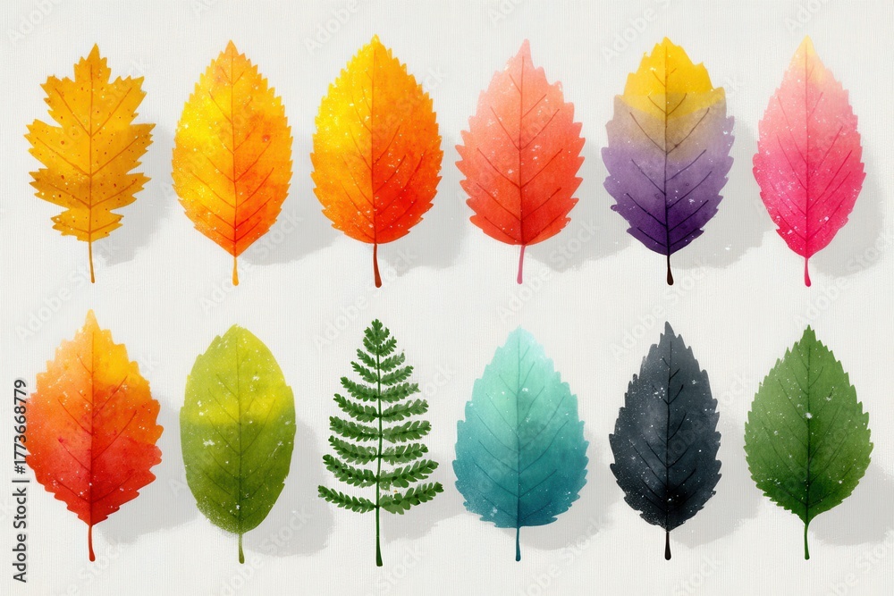 Obraz premium Colorful illustration of various seasonal leaves in a symmetrical arrangement