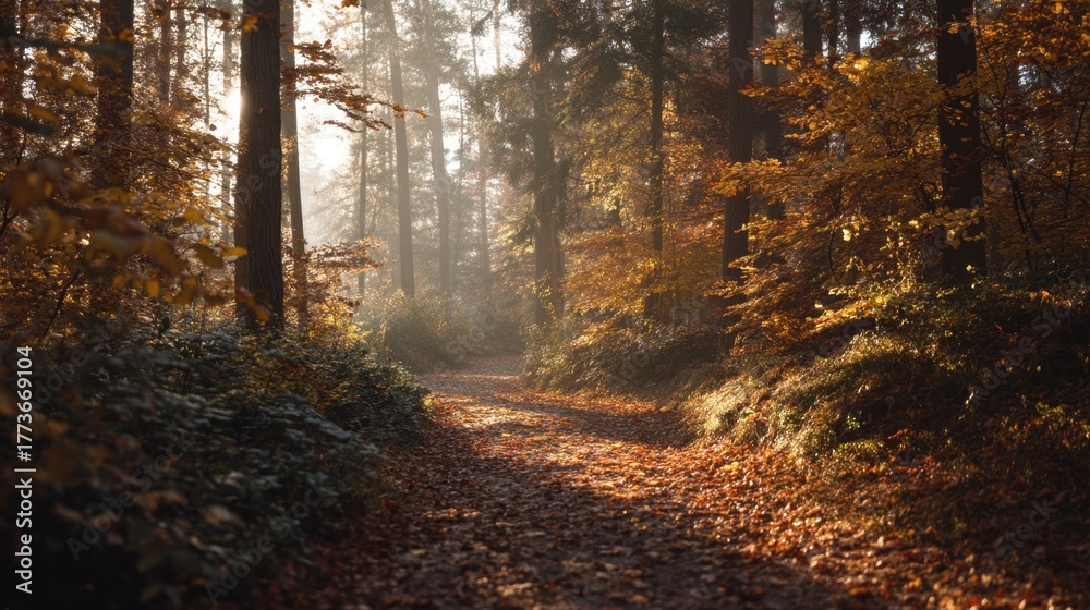 Obraz premium Empty trail through a dense forest filled with fallen autumn leaves and bright sunshine. Scenic path for nature and tranquil travel.