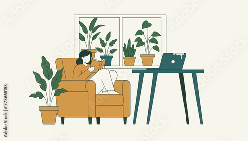 A cozy reading nook by a window filled with houseplants where a person is lost in a novel while a laptop gathers dust on a desk nearby.