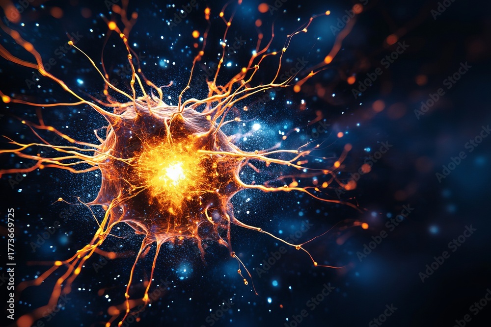 Fototapeta premium Glowing Neuron Cell is Shown with Dendrites Expanding Outward on a Dark Blue Background.