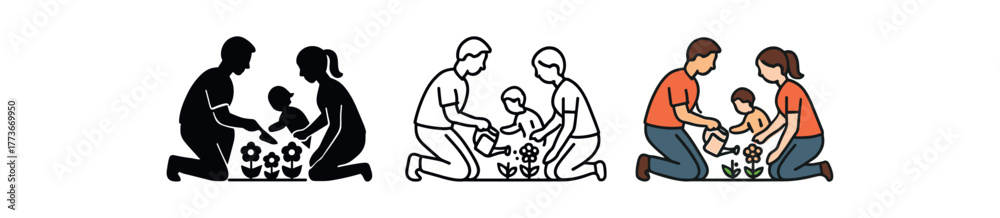 Fototapeta premium family gardening flowers icon on white background Black silhouette flat icon outline icon and colored icon style. 1x3 grid. three minimal vector icon style. centered composition clear white