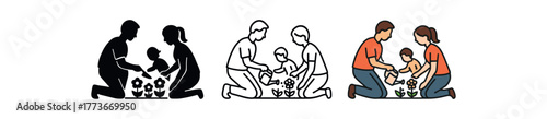 family gardening flowers icon on white background Black silhouette flat icon outline icon and colored icon style. 1x3 grid. three minimal vector icon style. centered composition clear white