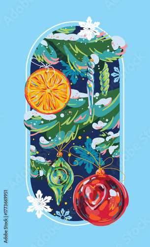 A New Year's card with painted holiday attributes. Fir branches and Christmas decorations painted with bright spots.