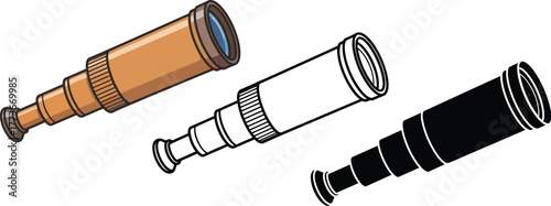 Three depictions of a spyglass in color outline and silhouette