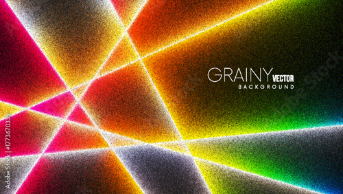 Colorful grainy vector background with intersecting glowing neon lines created from thousands of individual dots. Glowing neon light cuts and sharp edges with grain noise texture. Glowing light beams