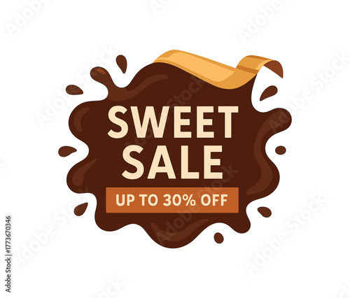 Flat vector banner design creamy chocolate splash background with golden wrapper detail text SWEET SALE subtext UP TO 30% OFF cocoa and caramel tones isolated on white marketing approved