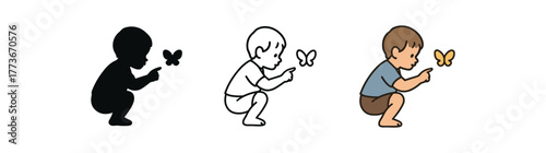 toddler discovering butterfly icon on white background Black silhouette flat icon outline icon and colored icon style. 1x3 grid. three minimal vector icon style. centered composition clear