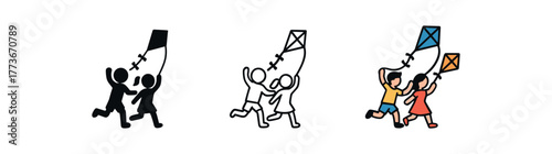 kids running with kites icon on white background Black silhouette flat icon outline icon and colored icon style. 1x3 grid. three minimal vector icon style. centered composition clear white