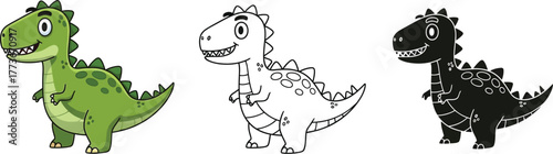 Three cartoon dinosaurs in green outline and black illustration