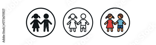 kids holding hands circle icon on white background Black silhouette flat icon outline icon and colored icon style. 1x3 grid. three minimal vector icon style. centered composition clear
