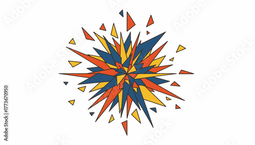 A kaleidoscope of angular shapes converges at a central point bursting with energy and movement.