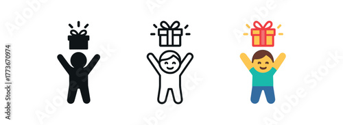 child excited with gift icon on white background Black silhouette flat icon outline icon and colored icon style. 1x3 grid. three minimal vector icon style. centered composition clear white