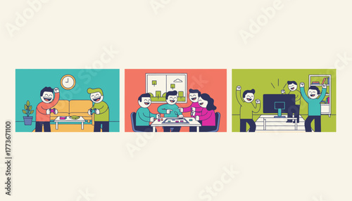 A cheerful virtual game night scene where friends are laughing and playing together across several screens in vibrant living rooms.