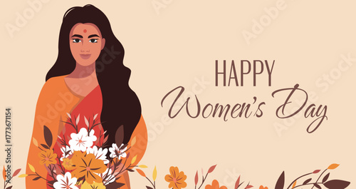 Beautiful indian woman holding flowers on a soft pastel background. International Women's Day. Vector template, greeting card, banner for website, advertising