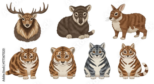 Collection of cute animal illustrations including deer tapir rabbit and tigers cartoon design isolated on white background