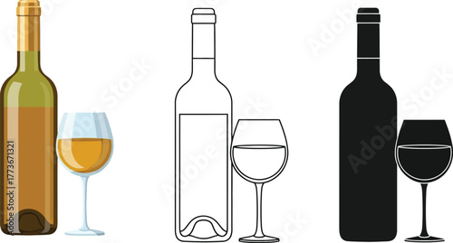 White wine bottle and glass vector illustration set design