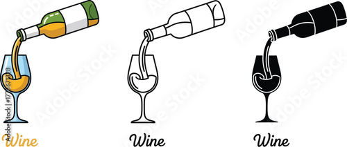 Wine bottle pouring into glass vector illustration set art