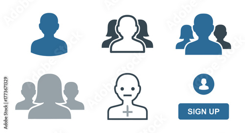 Set of user account icons simple flat glyphs for profile and sign up isolated on white background