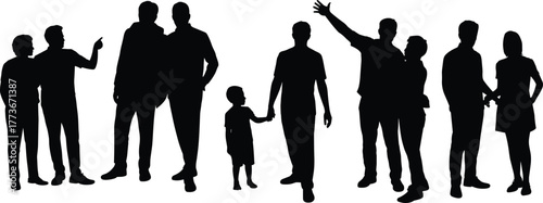 Silhouette people interaction group, adults and child figures, social lifestyle concept, family communication design, modern vector artwork, creative illustration posture reference