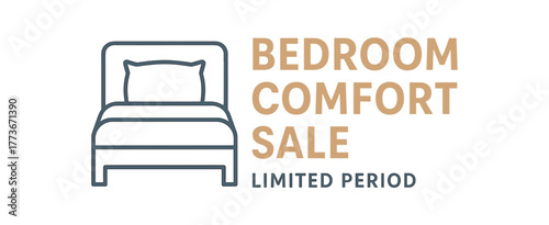Flat vector banner design bed and pillow outline text BEDROOM COMFORT SALE subtext LIMITED PERIOD beige and soft blue tones isolated on white marketing approved bright palette with balanced