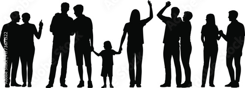 Silhouette people interaction group, family and friends concept, parent child figure, social lifestyle design, modern vector artwork, creative illustration posture reference