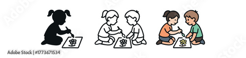 kids painting together icon on white background Black silhouette flat icon outline icon and colored icon style. 1x3 grid. three minimal vector icon style. centered composition clear white