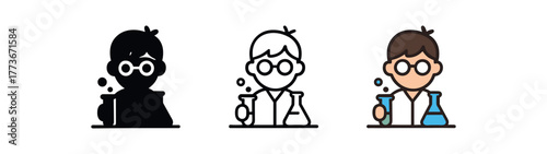 little scientist experimenting icon on white background Black silhouette flat icon outline icon and colored icon style. 1x3 grid. three minimal vector icon style. centered composition clear