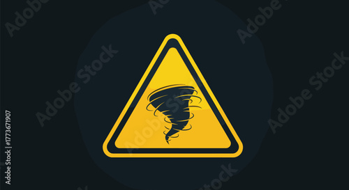 A prominent yellow triangular warning sign featuring a black tornado icon, set against a dark, atmospheric background, indicating severe weather alerts and potential danger.