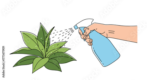 A human hand holds a blue spray bottle, misting water onto a vibrant green houseplant, illustrating plant care and hydration routines.