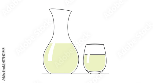 A minimalist illustration of a glass carafe filled with a light green or yellowish beverage, accompanied by a small glass, presented on a white background.