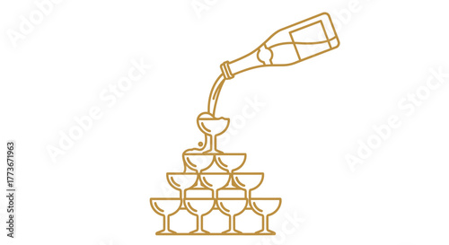 Golden outline illustration depicting a champagne bottle pouring sparkling wine into a classic tiered tower of coupe glasses, symbolizing celebration and luxury.