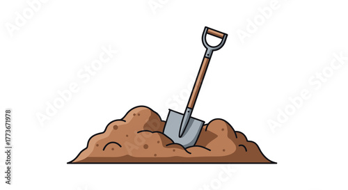 A simple cartoon illustration of a metal shovel with a wooden handle stuck into a freshly dug pile of brown earth, symbolizing gardening, construction, or excavation.