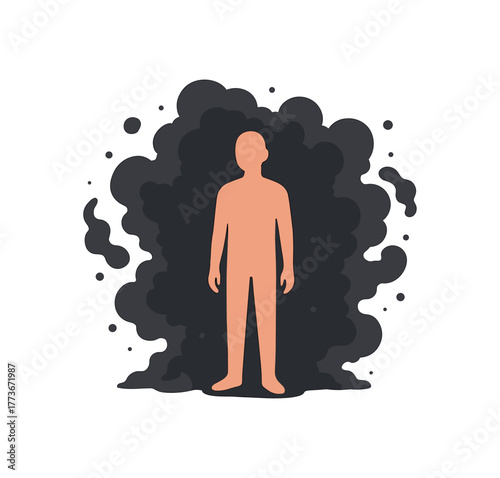 disease depicted as dark fog spreading around human figure metaphor for infection and vulnerability flat vector illustration style isolated on white background clean lines soft no gradient