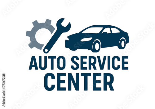 Flat vector banner design text AUTO SERVICE CENTER supporting icons of gear wrench and silhouette navy and silver palette isolated on white marketing approved bright palette with balanced